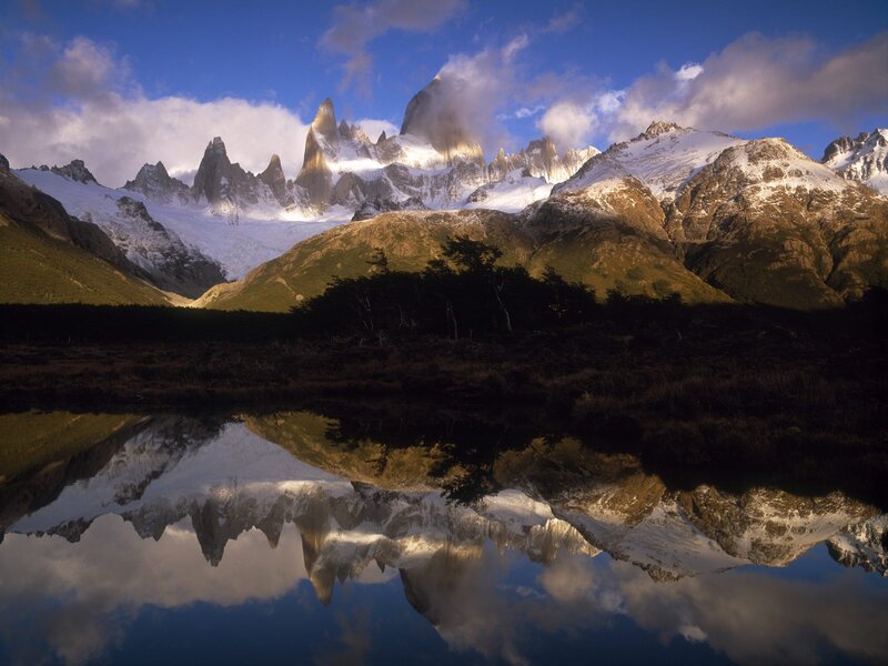 Mountain Range Reflection — Blue, Serene, Sunrise, Photograph, Snow, Clouds