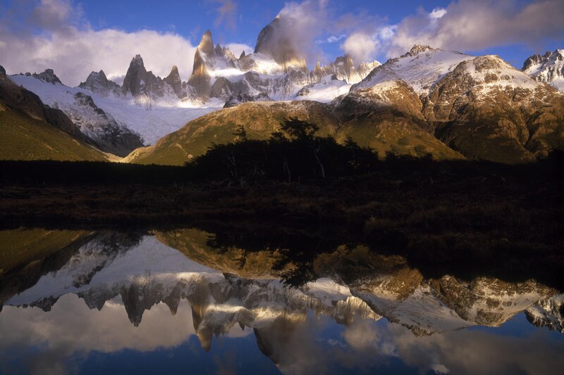 Mountain Range Reflection — Blue, Serene, Sunrise, Photograph, Snow, Lake, Clouds
