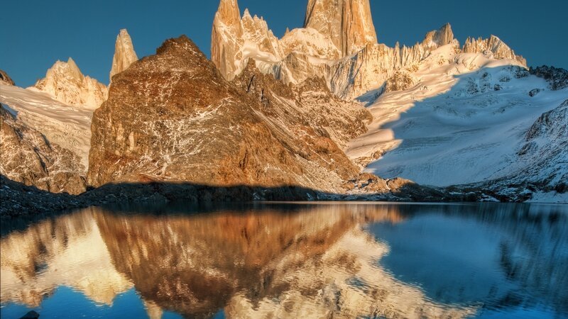 Mountain Range Reflection — Blue, Serene, Sunrise, Photograph, Snow, Lake