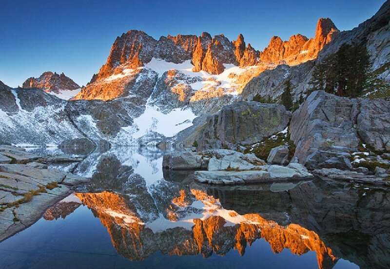 Mountain Range Reflection — Blue, Serene, Sunrise, Photograph, Snow