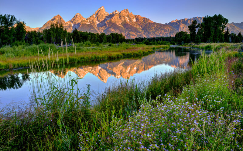 Mountain Range Reflection — Blue, Serene, Sunrise, Photograph