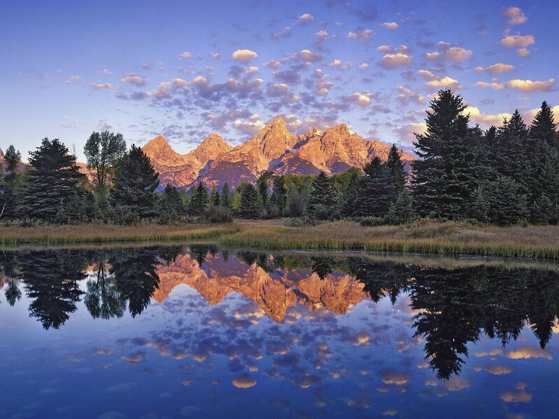 Mountain Range Reflection — Blue, Serene, Sunrise, Photograph, Trees, Lake, Clouds, Orange