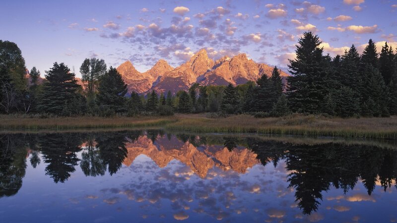 Mountain Range Reflection — Blue, Serene, Sunrise, Photograph, Trees, Lake, Clouds
