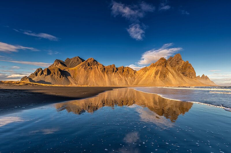 Mountain Range Reflection — Blue, Serene, Sunset, Photograph, Beach