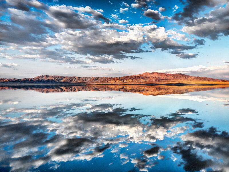 Mountain Range Reflection — Blue, Serene, Sunset, Photograph, Clouds