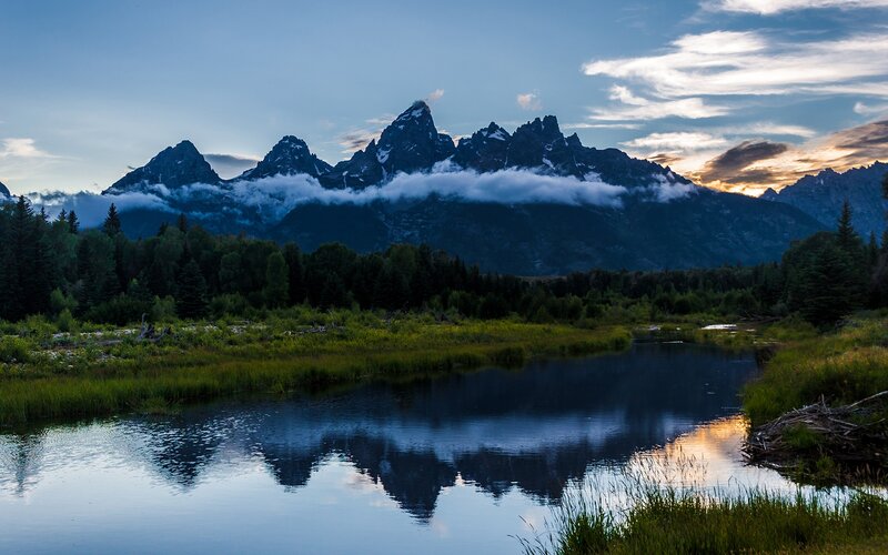 Mountain Range Reflection — Blue, Serene, Sunset, Photograph, Forest, Clouds