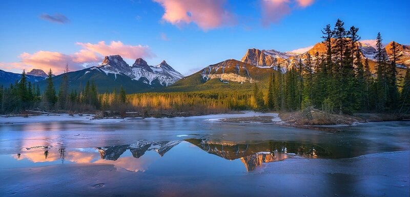 Mountain Range Reflection — Blue, Serene, Sunset, Photograph, Forest, Lake