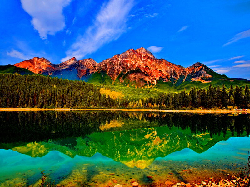 Mountain Range Reflection — Blue, Serene, Sunset, Photograph, Forest