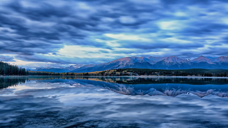 Mountain Range Reflection — Blue, Serene, Sunset, Photograph, Lake, Clouds