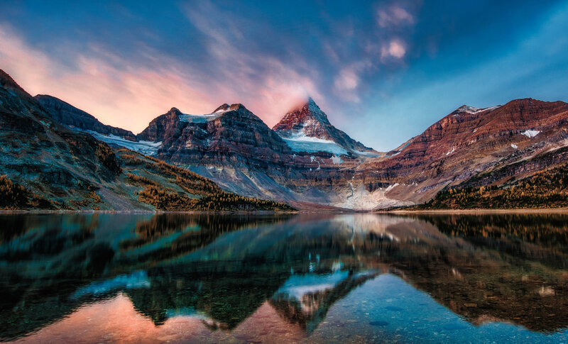 Mountain Range Reflection — Blue, Serene, Sunset, Photograph, Lake, Clouds, Trees
