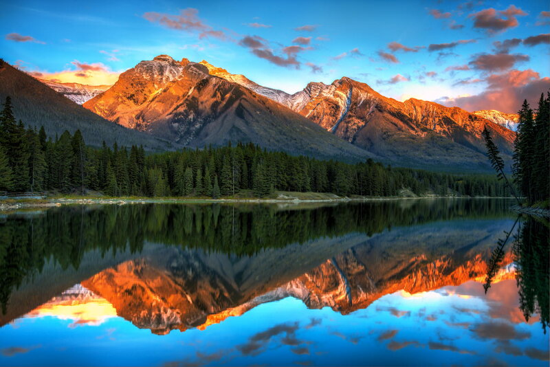 Mountain Range Reflection — Blue, Serene, Sunset, Photograph, Lake, Forest, Clouds