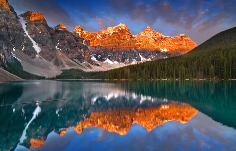 Mountain Range Reflection — Blue, Serene, Sunset, Photograph, Lake, Forest, Sky