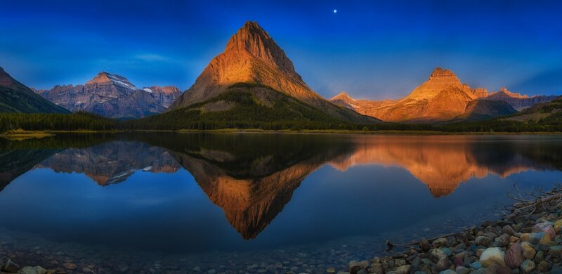 Mountain Range Reflection — Blue, Serene, Sunset, Photograph, Lake, Moon