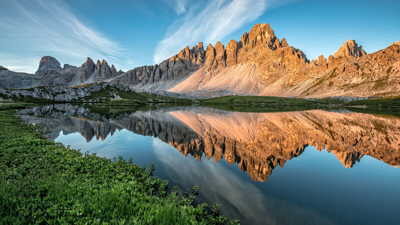Mountain Range Reflection — Blue, Serene, Sunset, Photograph, Lake, Sky, Grass