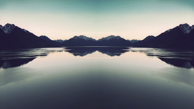 Mountain Range Reflection — Blue, Serene, Sunset, Photograph, Lake, Sky, Snow