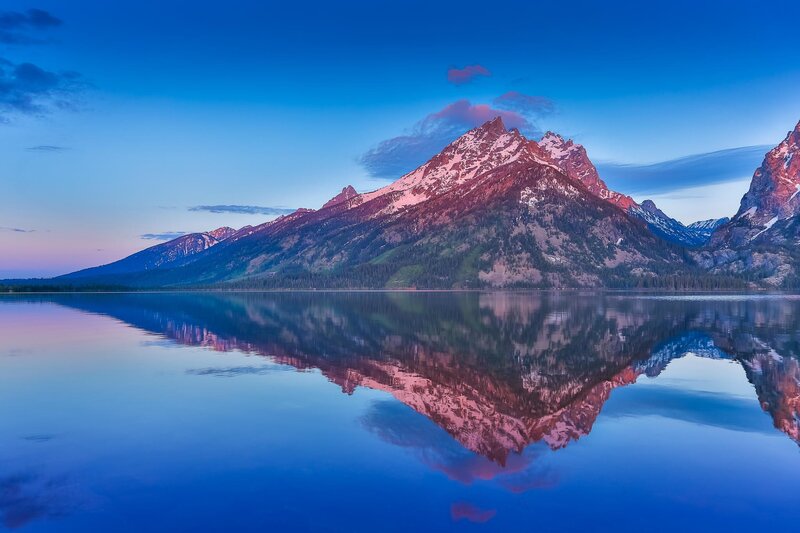 Mountain Range Reflection — Blue, Serene, Sunset, Photograph, Lake, Sky, Trees