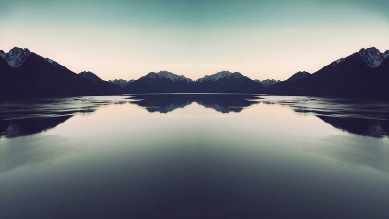 Mountain Range Reflection — Blue, Serene, Sunset, Photograph, Lake, Snow-capped Peaks