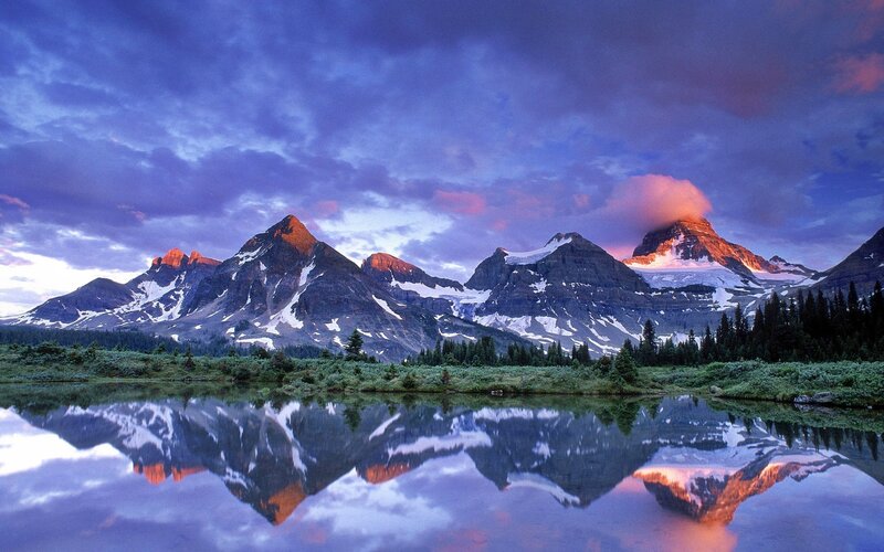 Mountain Range Reflection — Blue, Serene, Sunset, Photograph, Lake, Trees, Clouds, Purple, Orange