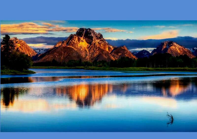 Mountain Range Reflection — Blue, Serene, Sunset, Photograph, Lake, Trees, Clouds