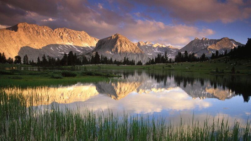 Mountain Range Reflection — Blue, Serene, Sunset, Photograph, Lake, Trees, Sky, Green