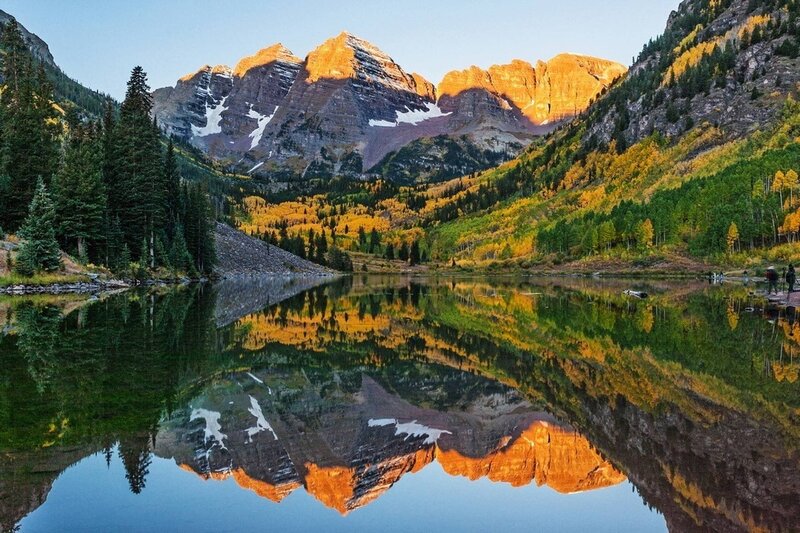 Mountain Range Reflection — Blue, Serene, Sunset, Photograph, Lake, Trees, Snow