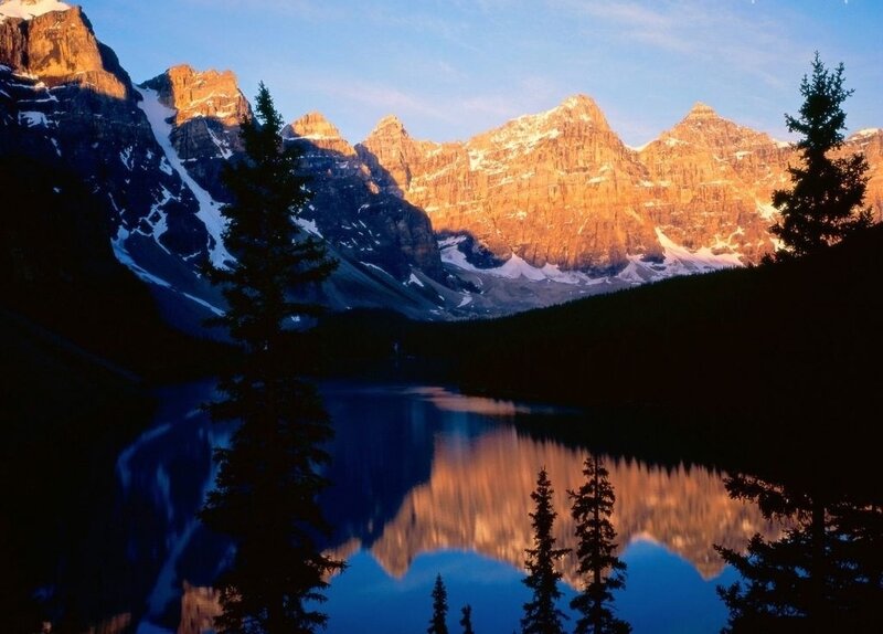 Mountain Range Reflection — Blue, Serene, Sunset, Photograph, Lake, Trees