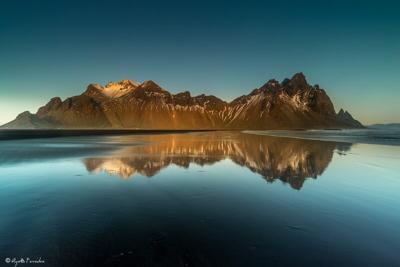 Mountain Range Reflection — Blue, Serene, Sunset, Photograph, Mountains, Beach