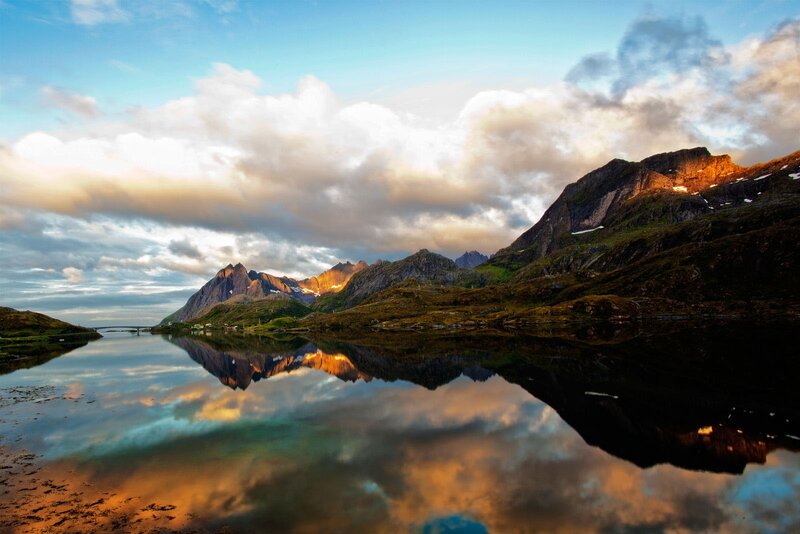 Mountain Range Reflection — Blue, Serene, Sunset, Photograph, Mountains, Lake, Clouds