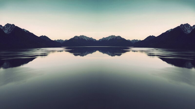 Mountain Range Reflection — Blue, Serene, Sunset, Photograph, Mountains, Lake