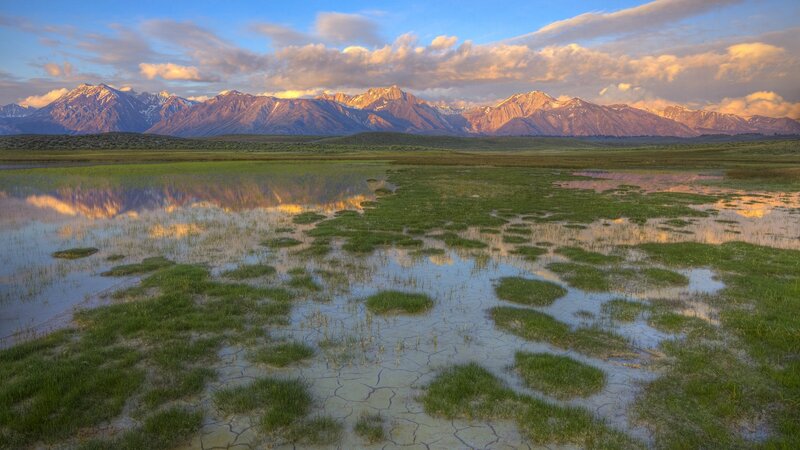 Mountain Range Reflection — Blue, Serene, Sunset, Photograph, Mountains, Wetland, Sky