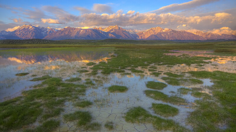 Mountain Range Reflection — Blue, Serene, Sunset, Photograph, Mountains, Wetland