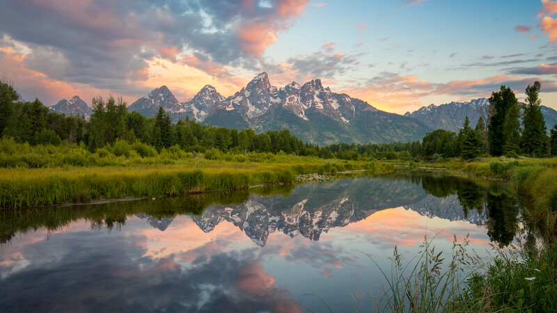 Mountain Range Reflection — Blue, Serene, Sunset, Photograph, River, Trees, Clouds