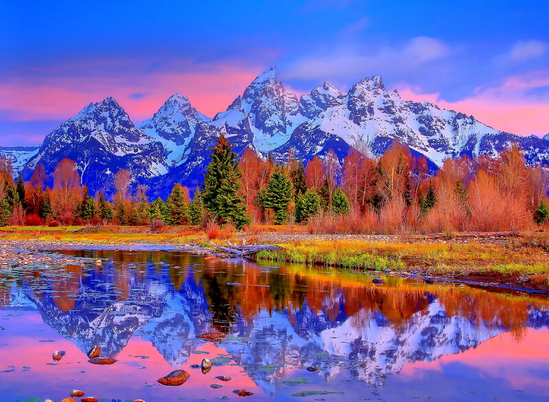 Mountain Range Reflection — Blue, Serene, Sunset, Photograph, River, Trees, Snow