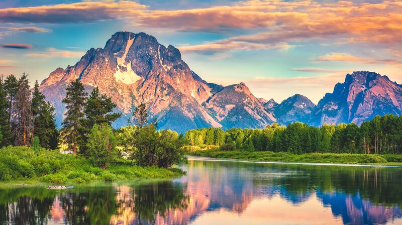 Mountain Range Reflection — Blue, Serene, Sunset, Photograph, River, Trees