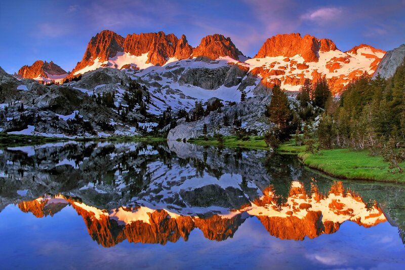 Mountain Range Reflection — Blue, Serene, Sunset, Photograph, Snow