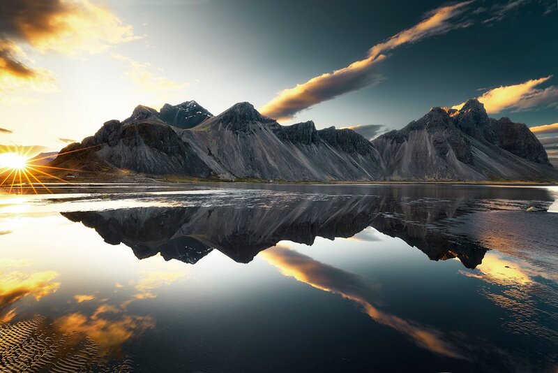 Mountain Range Reflection — Blue, Serene, Sunset, Photograph, Sun