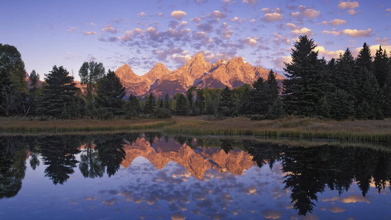 Mountain Range Reflection — Blue, Serene, Sunset, Photograph, Trees, Lake, Clouds