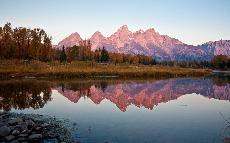 Mountain Range Reflection — Blue, Serene, Sunset, Photograph, Trees, Lake, Mountains, Pink