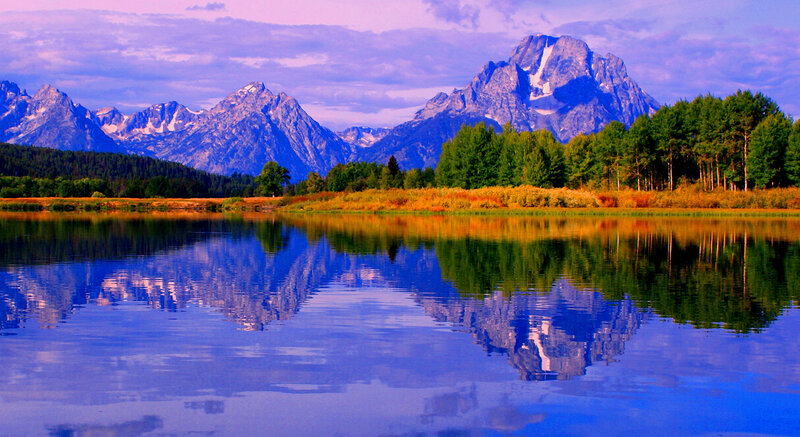 Mountain Range Reflection — Blue, Serene, Sunset, Photograph, Trees, Lake, Sky