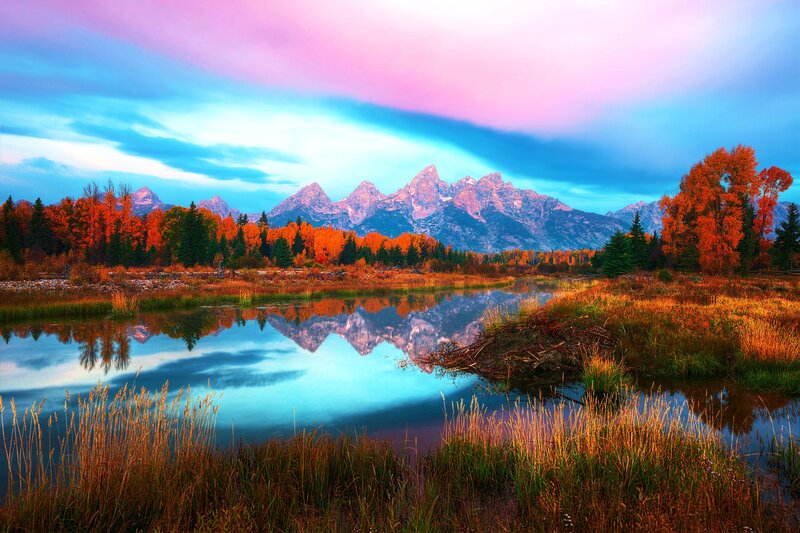 Mountain Range Reflection — Blue, Serene, Sunset, Photograph, Trees, River