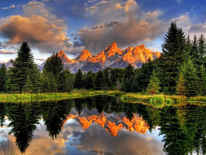 Mountain Range Reflection — Blue, Serene, Sunset, Photograph, Trees