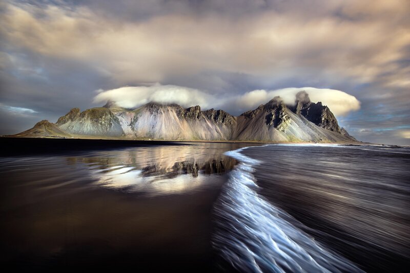 Mountain Range Reflection — Gray, Dramatic, Sunset