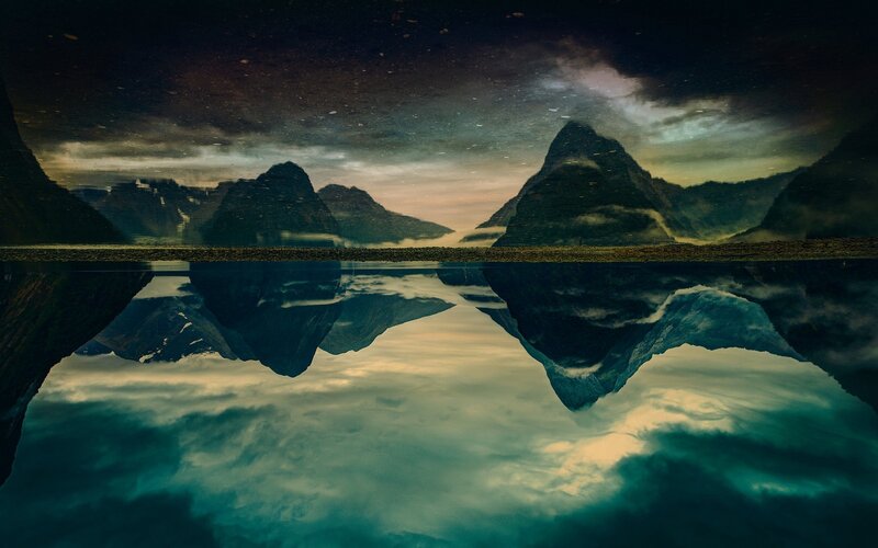 Mountain Range Reflection — Green, Dramatic, Night
