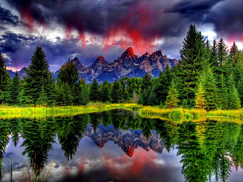 Mountain Range Reflection — Green, Dramatic, Sunset