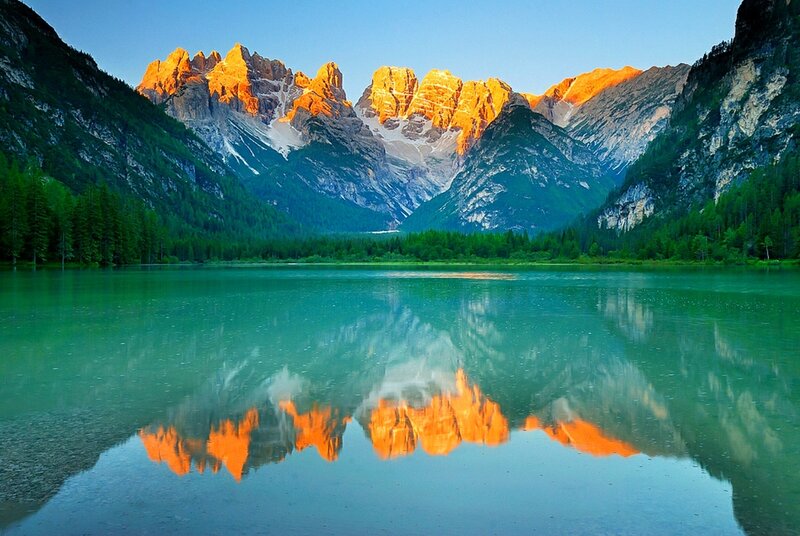 Mountain Range Reflection — Green, Serene, Sunrise, Photograph