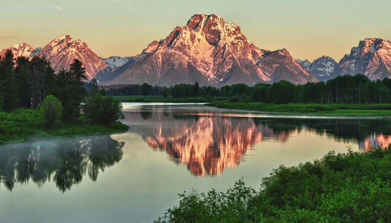 Mountain Range Reflection — Green, Serene, Sunrise