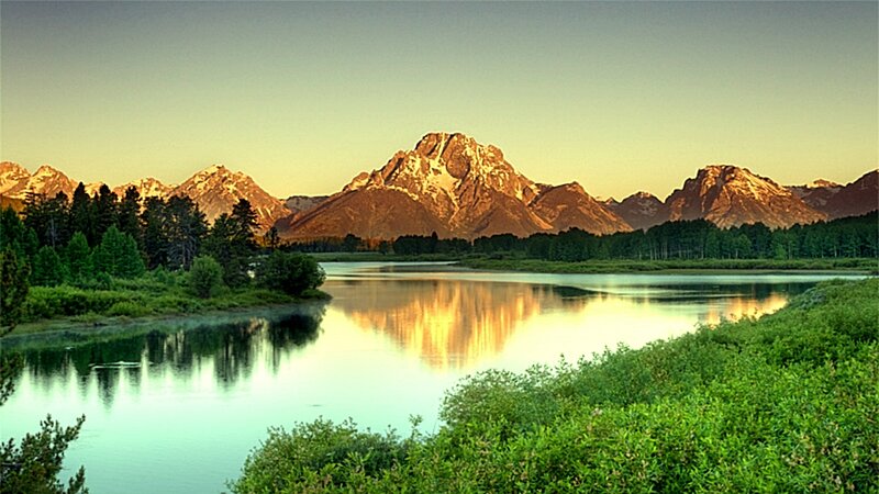 Mountain Range Reflection — Green, Serene, Sunset, Photograph