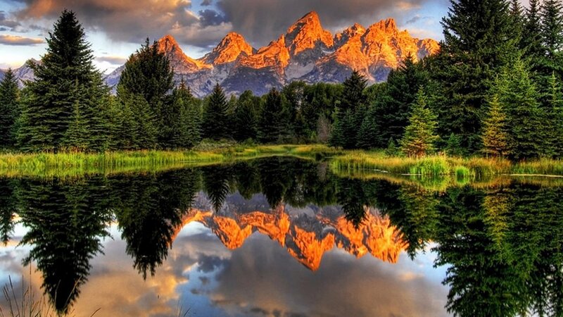Mountain Range Reflection — Green, Serene, Sunset, Photograph, Trees, Lake