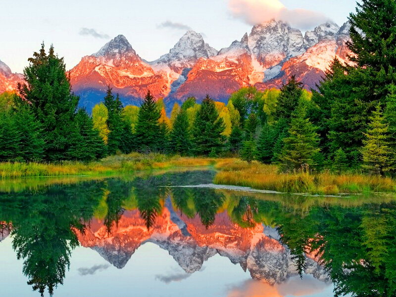 Mountain Range Reflection — Green, Serene, Sunset