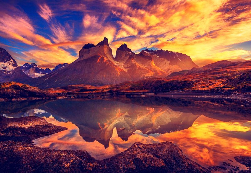 Mountain Range Reflection — Orange, Dramatic, Sunset, Photograph, Lake